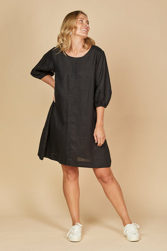 Hazel Short Linen Dress in Black